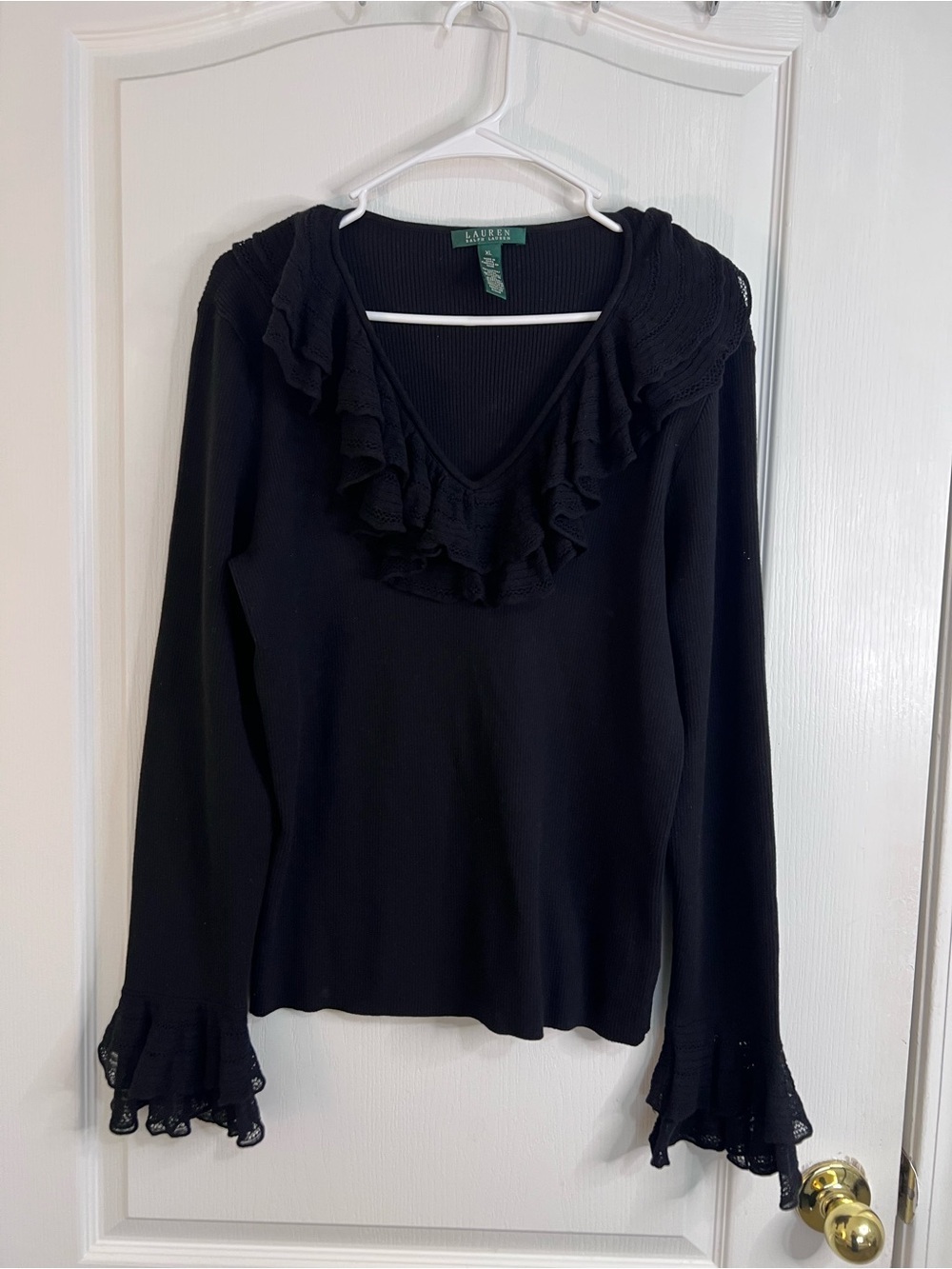 Lauren Ralph Lauren Black Ruffle V-Neck Sweater size XL - Picture 2 of 9